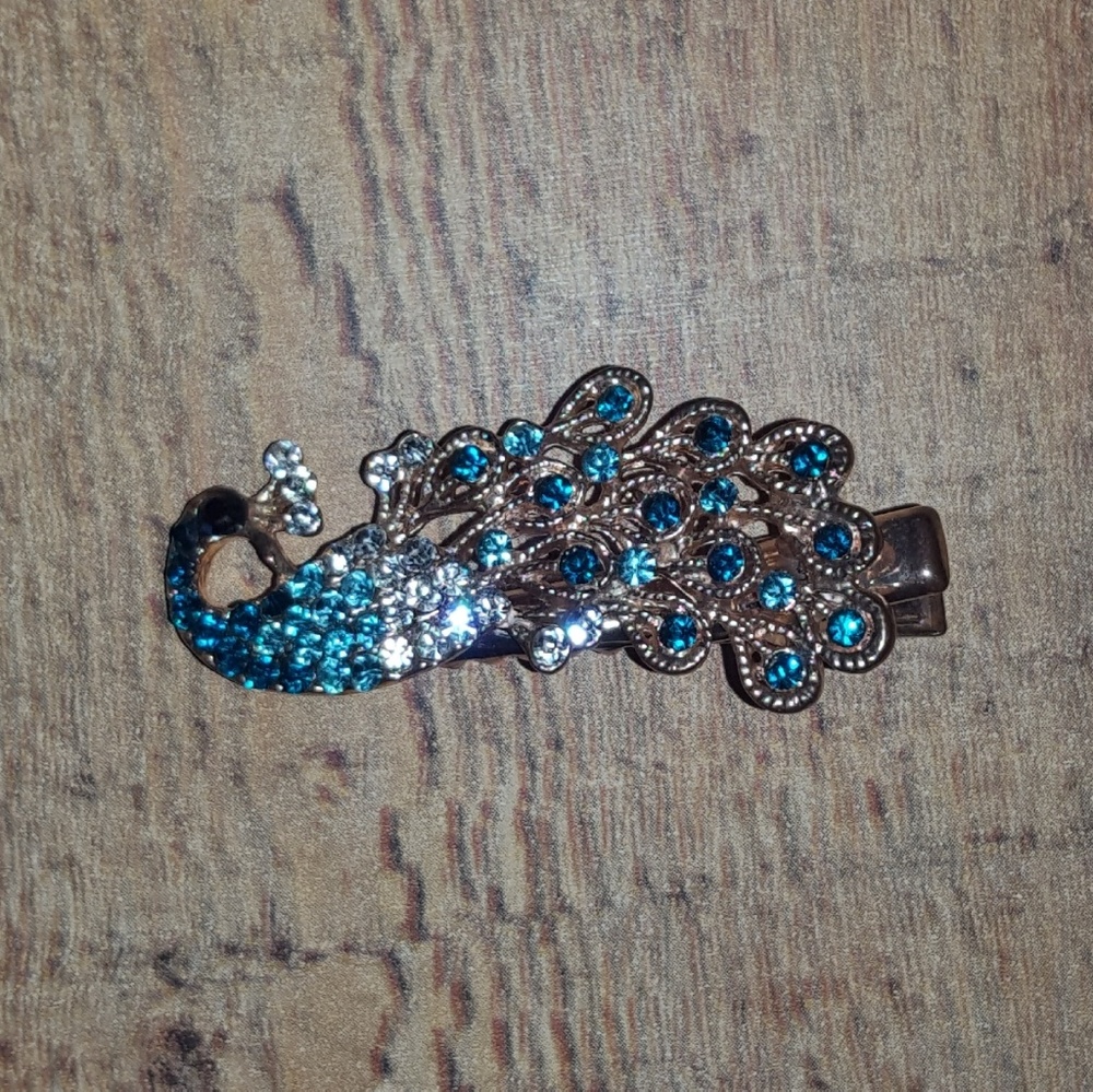 Teal and gold Peacock hair clip